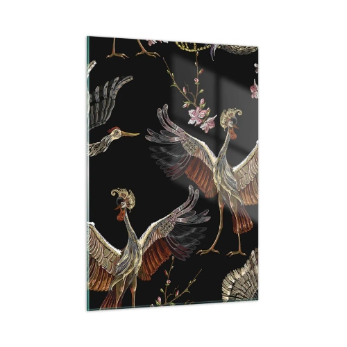 Impression sur verre - Image sur verre - Oiseaux en vol avec des fleurs sur fond noir, style rétro - 50x70cm - Un oiseau de conte de fées - Décoration murale moderne pour le salon et la chambre ARTTOR