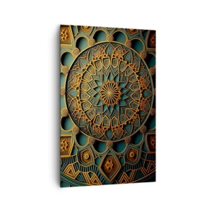 Impression sur toile - Image sur toile - Un mandala doré sur fond turquoise avec des détails riches. - 80x120cm - Dans une ambiance arabe - Décoration murale moderne pour le salon et la chambre ARTTOR
