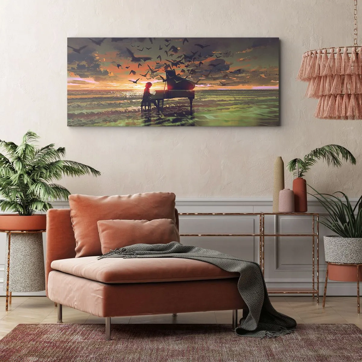 Impression sur toile - Image sur toile - Un piano au bord de la mer au coucher du soleil avec des oiseaux - 140x50cm - Concert pour piano et vagues - Décoration murale moderne pour le salon et la chambre ARTTOR