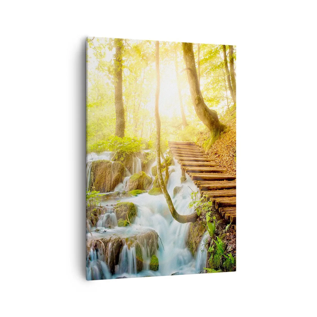 Impression sur toile - Image sur toile - Chemin forestier avec escaliers en bois près de la cascade - 70x100cm - Une fraîcheur tant désirée - Décoration murale moderne pour le salon et la chambre ARTTOR