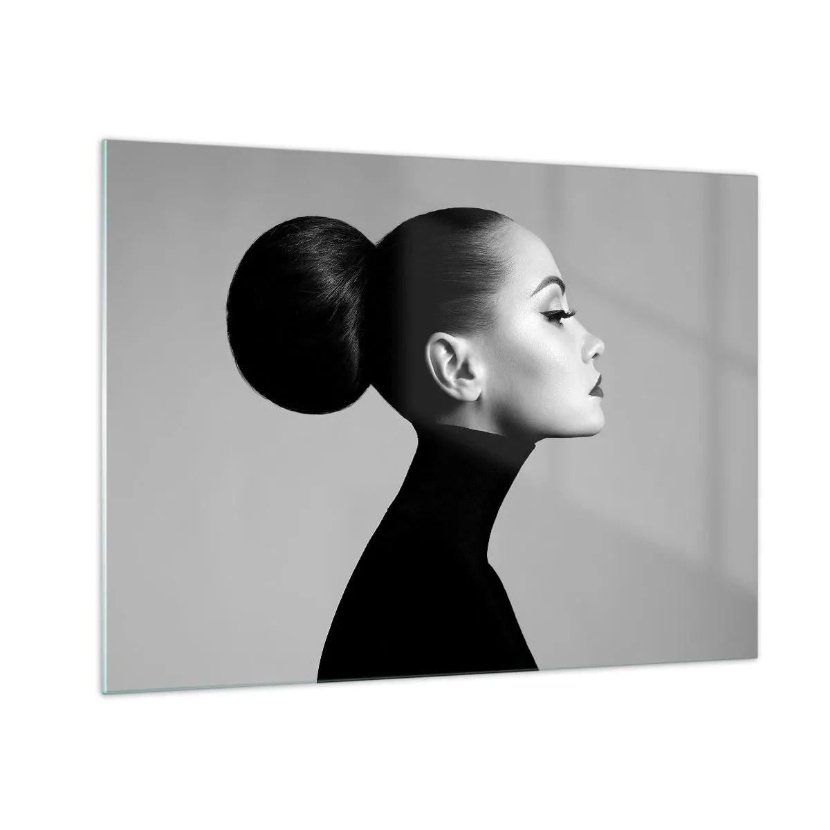Impression sur verre - Image sur verre - Femme élégante en noir sur fond gris - 70x50cm - Néfertiti moderne - Décoration murale moderne pour le salon et la chambre ARTTOR