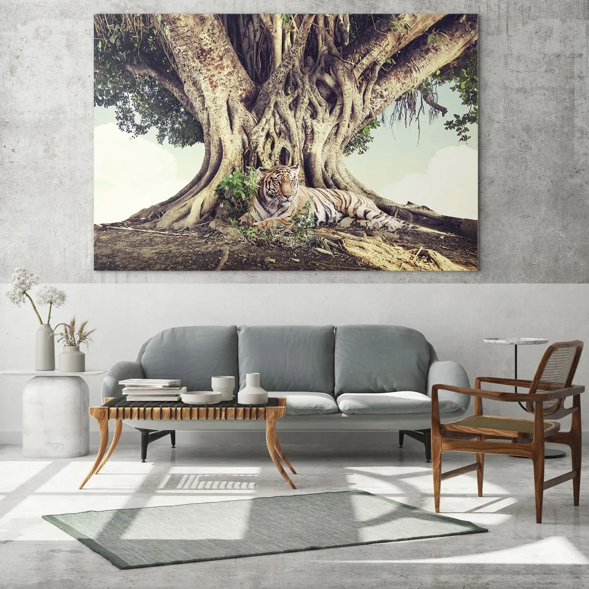 Impression sur verre - Image sur verre - Un tigre couché sous un arbre étendu dans la jungle - 120x80cm - Vue du Livre de la Genèse - Décoration murale moderne pour le salon et la chambre ARTTOR