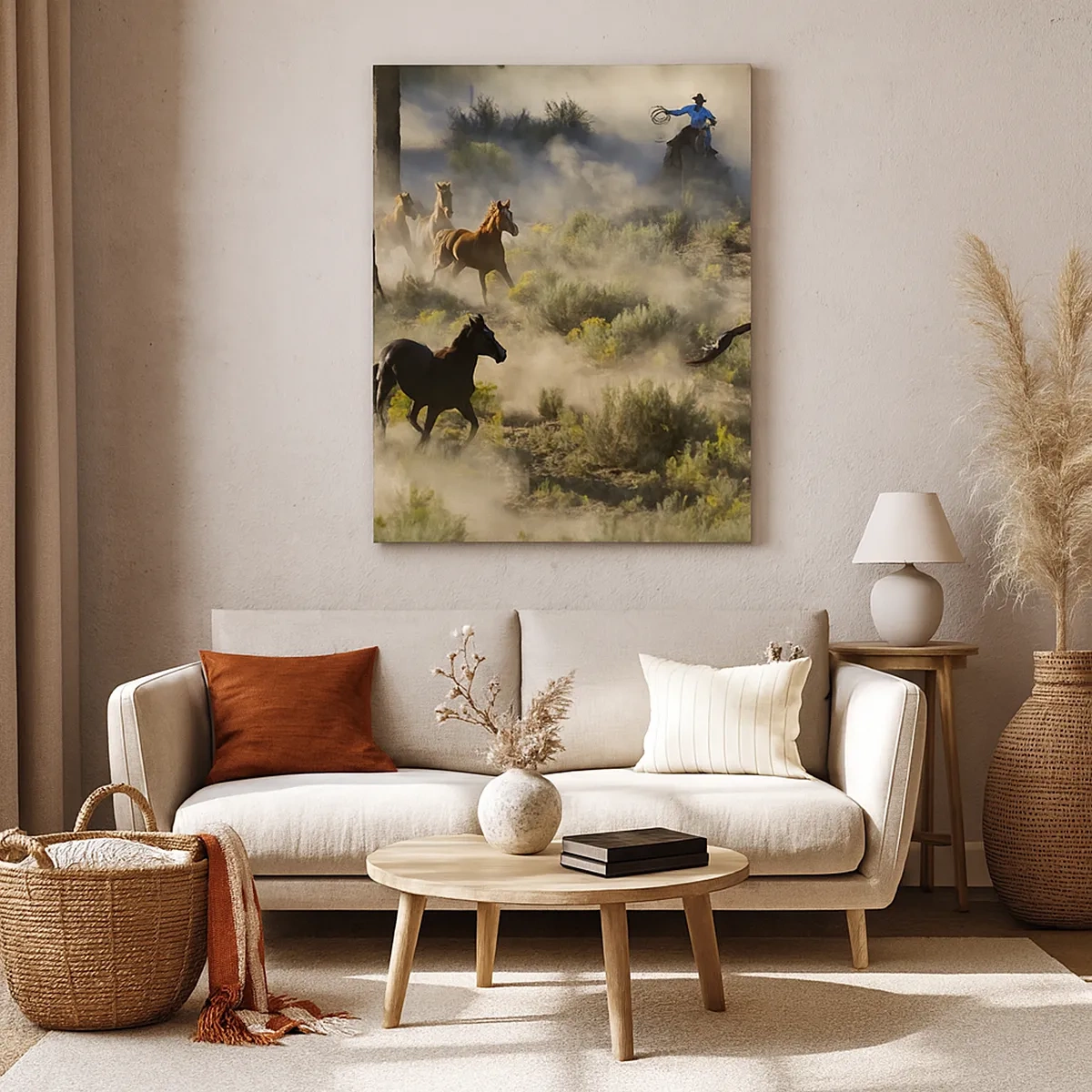 Impression sur toile - Image sur toile - Un troupeau de chevaux sauvages galopant à travers la poussière et la végétation - 50x70cm - Rivalité - liberté ou force masculine ? - Décoration murale moderne pour le salon et la chambre ARTTOR