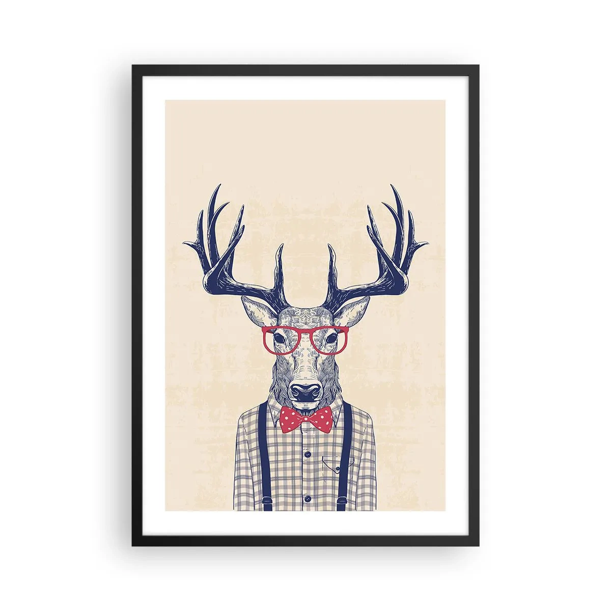 Affiche dans un cadre noir - Poster - Cerf élégant avec des lunettes et un nœud papillon sur fond beige - 50x70cm - Une extravagance amusante - Décoration murale moderne pour le salon et la chambre ARTTOR