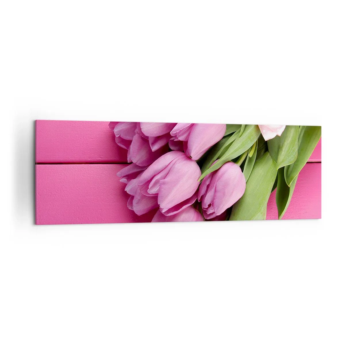 Impression sur toile - Image sur toile - Un bouquet de tulipes roses avec un nœud sur un fond rose - 160x50cm - Juste pour toi - Décoration murale moderne pour le salon et la chambre ARTTOR