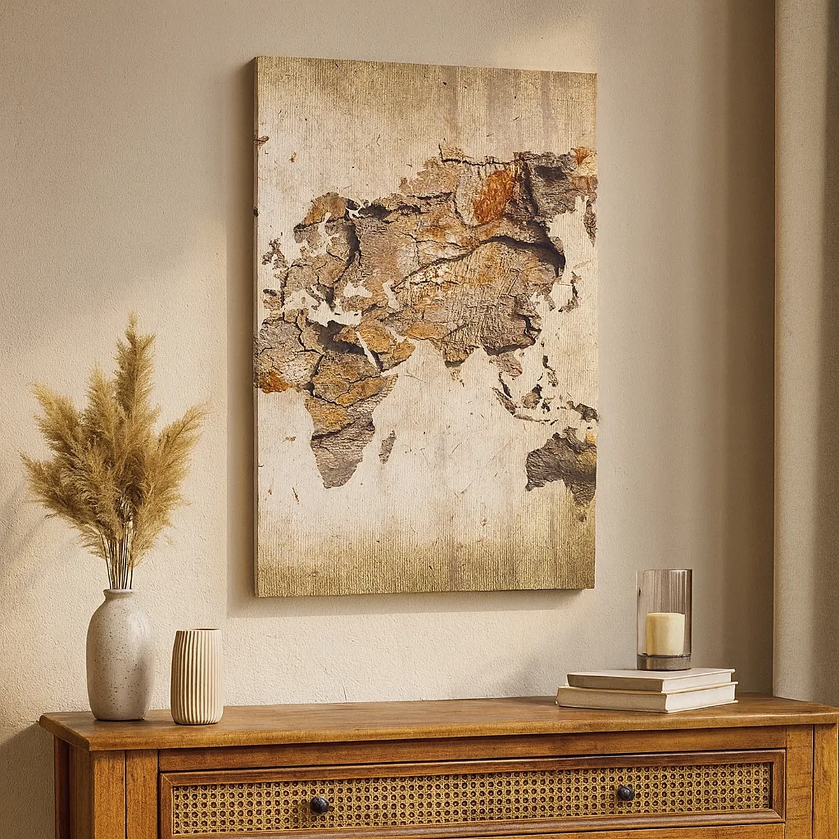Impression sur toile - Image sur toile - Une carte du monde dans un style rustique en bois - 50x70cm - Découverte du monde - Décoration murale moderne pour le salon et la chambre ARTTOR