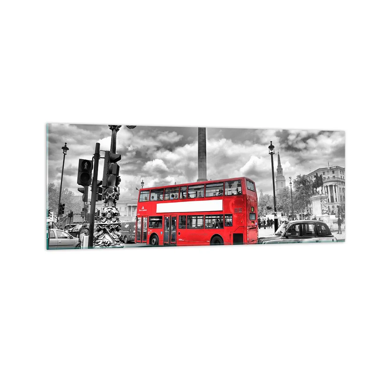 Impression sur verre - Image sur verre - Un bus rouge à impériale sur fond de ville en noir et blanc - 140x50cm - La vraie circulation sanguine de la ville - Décoration murale moderne pour le salon et la chambre ARTTOR