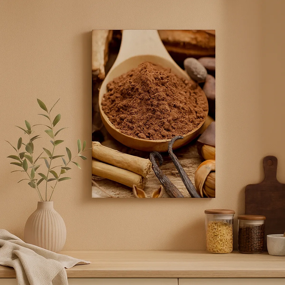 Impression sur toile - Image sur toile - Une cuillerée d'ingrédients à base de cacao et de chocolat dans un arrangement rustique - 50x70cm - La meilleure pour les chagrins - Décoration murale moderne pour le salon et la chambre ARTTOR