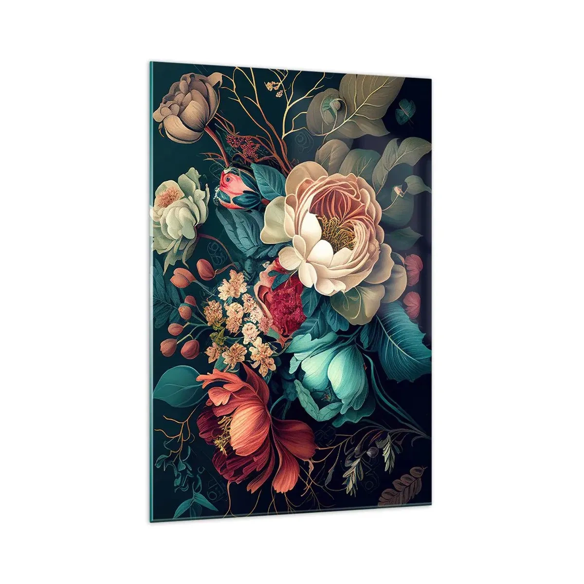 Impression sur verre - Image sur verre - Une composition colorée de fleurs sur un fond sombre - 70x100cm - le charme du 19ème siècle - Décoration murale moderne pour le salon et la chambre ARTTOR