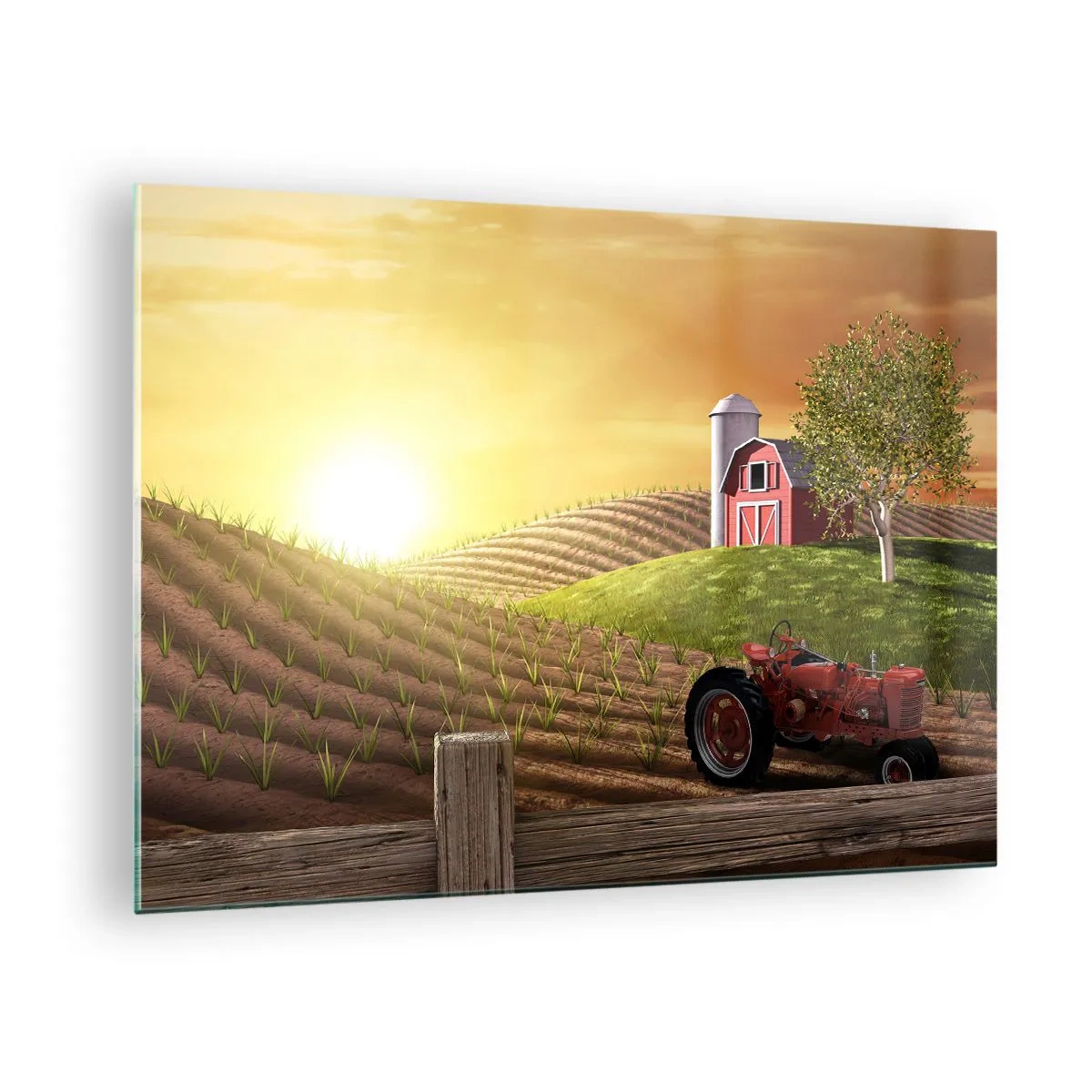 Impression sur verre - Image sur verre - Coucher de soleil sur une ferme avec un champ et un tracteur - 70x50cm - Une ferme comme dans un conte de fées - Décoration murale moderne pour le salon et la chambre ARTTOR