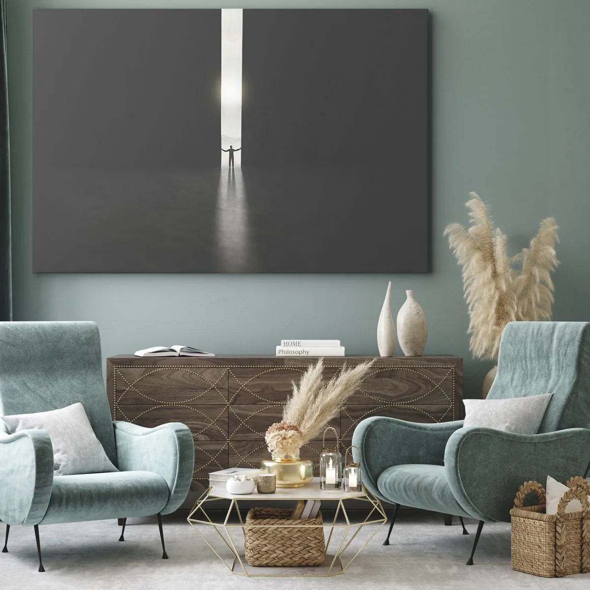 Impression sur toile - Image sur toile - Un homme debout dans la lumière d'une fente étroite dans un espace sombre - 70x50cm - Étape vers un avenir radieux - Décoration murale moderne pour le salon et la chambre ARTTOR