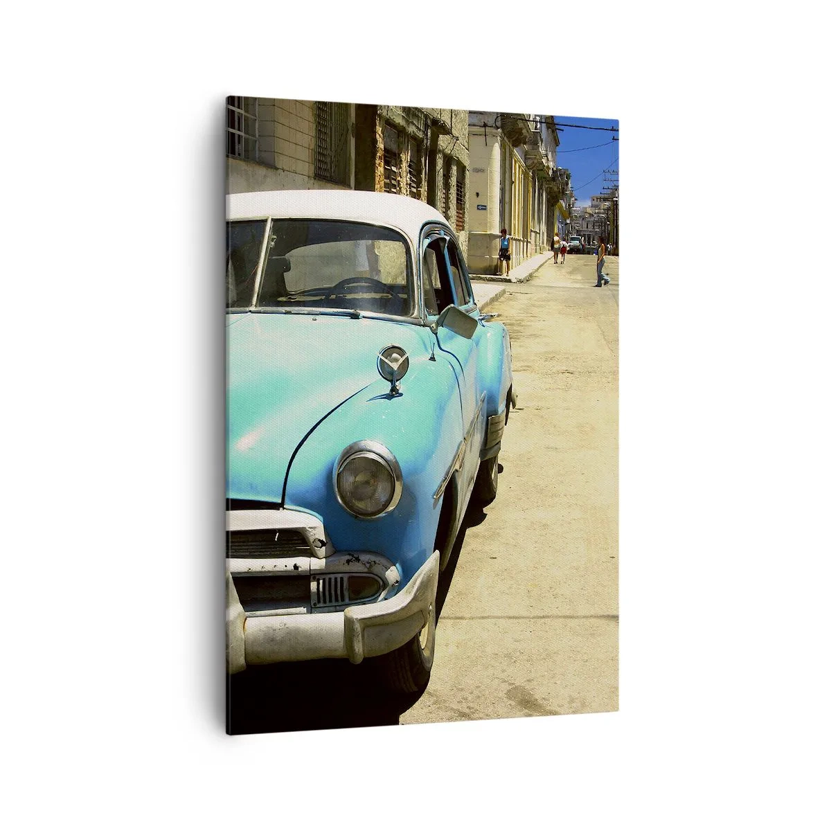 Impression sur toile - Image sur toile - Une voiture classique bleue dans la rue par une journée ensoleillée - 70x100cm - Et vive Cuba ! - Décoration murale moderne pour le salon et la chambre ARTTOR