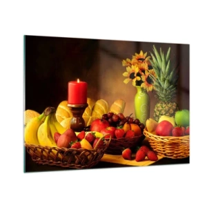 Impression sur verre - Image sur verre - Une composition de fruits, de pain et d'une bougie dans un style rustique - 100x70cm - Nature morte de pain et de fruits - Décoration murale moderne pour le salon et la chambre ARTTOR