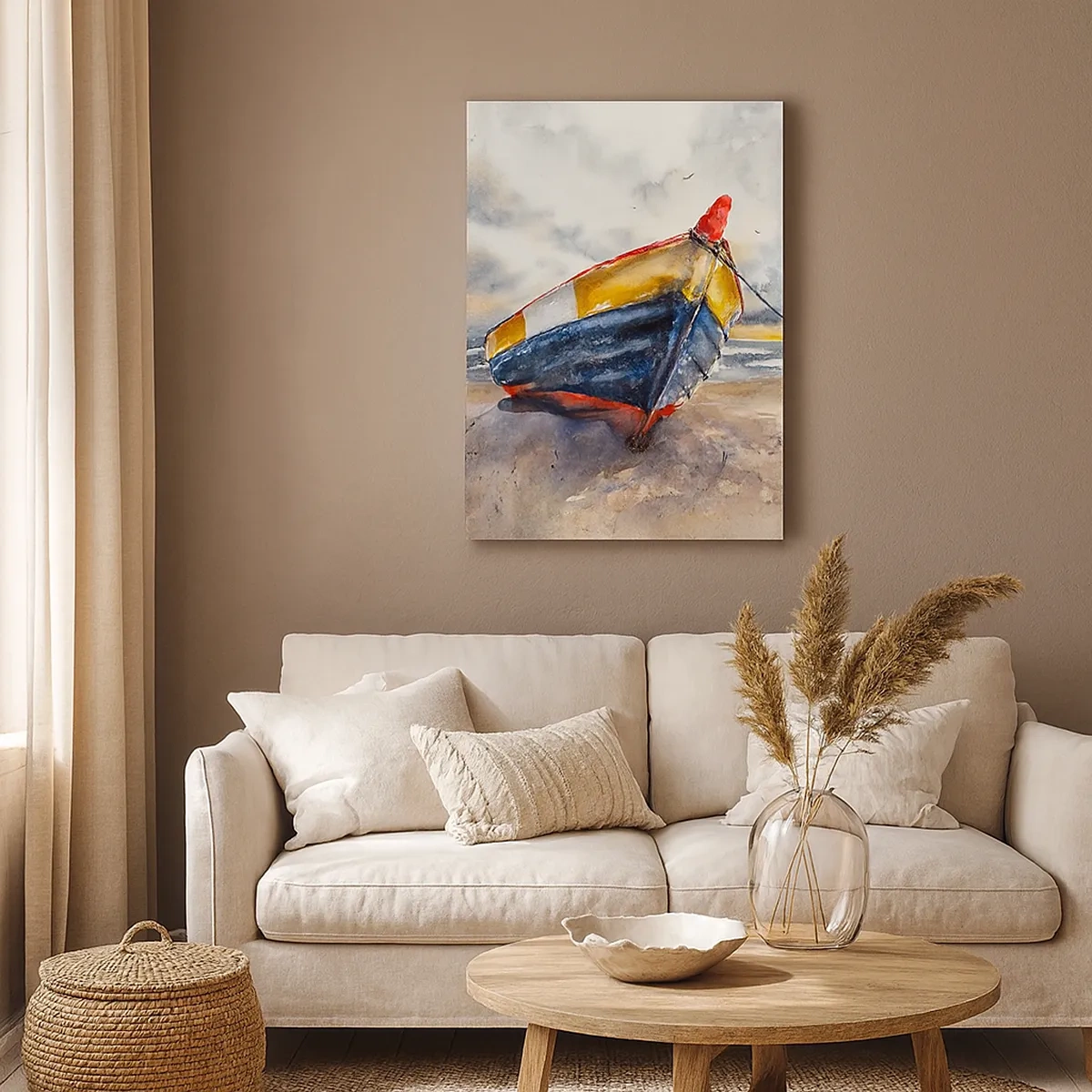 Impression sur toile - Image sur toile - Un bateau pittoresque sur la plage sous un ciel nuageux - 50x70cm - Repos sur le rivage - Décoration murale moderne pour le salon et la chambre ARTTOR