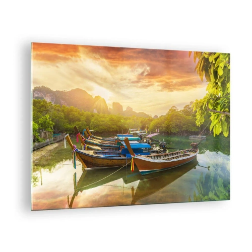 Impression sur verre - Image sur verre - Bateaux traditionnels dans un paysage tropical au coucher du soleil - 70x50cm - Avant une journée chargée - Décoration murale moderne pour le salon et la chambre ARTTOR