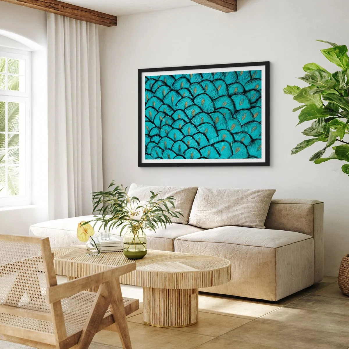 Affiche dans un cadre noir - Poster - Un motif ressemblant à des écailles turquoise avec des accents dorés - 100x70cm - Le grand gala des plumes - Décoration murale moderne pour le salon et la chambre ARTTOR
