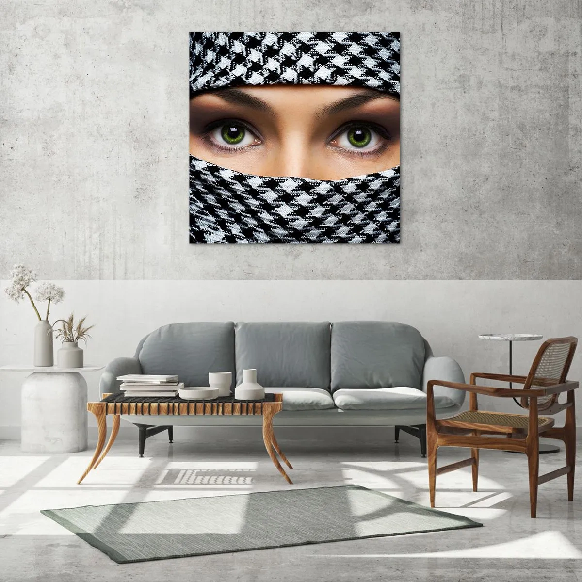 Impression sur verre - Image sur verre - Un portrait d'une beauté voilée aux yeux verts - 70x70 cm