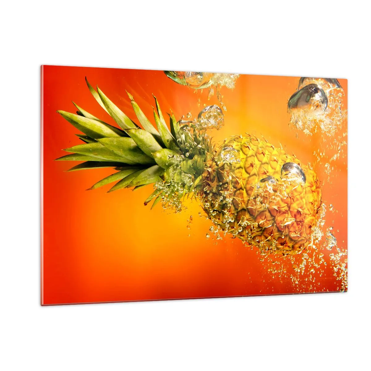 Impression sur verre - Image sur verre - Ananas immergé dans l'eau sur un fond d'orange intense - 120x80cm - Fraîcheur juteuse tropicale - Décoration murale moderne pour le salon et la chambre ARTTOR