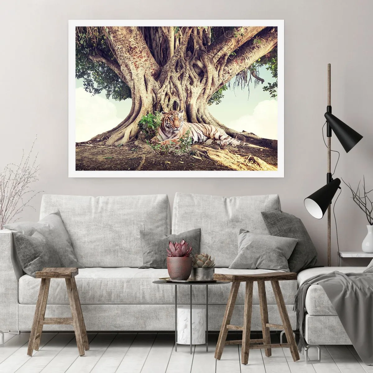 Affiche - Poster - Un tigre se reposant sous un arbre étendu - 100x70cm - Vue du Livre de la Genèse - Décoration murale moderne pour le salon et la chambre ARTTOR