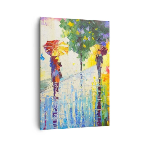 Impression sur toile - Image sur toile - Une promenade avec un parapluie dans un paysage pluvieux coloré - 70x100cm - Et tout est clair - Décoration murale moderne pour le salon et la chambre ARTTOR