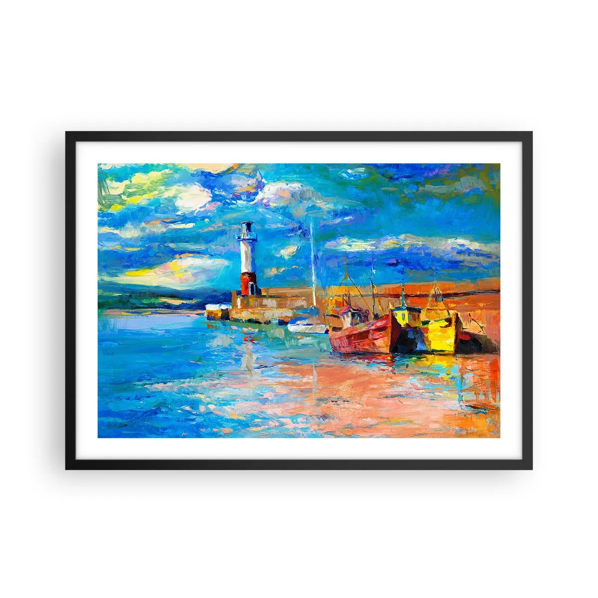 Affiche dans un cadre noir - Poster - Port de pêche avec bateaux et phare aux couleurs vives - 70x50cm - Un après-midi dans la baie arc-en-ciel - Décoration murale moderne pour le salon et la chambre ARTTOR