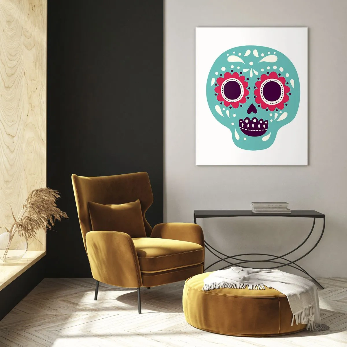 Impression sur verre - Image sur verre - Un crâne en sucre turquoise et violet inspiré de la culture mexicaine - 70x100cm - La vie – du plaisir jusqu'à la mort - Décoration murale moderne pour le salon et la chambre ARTTOR