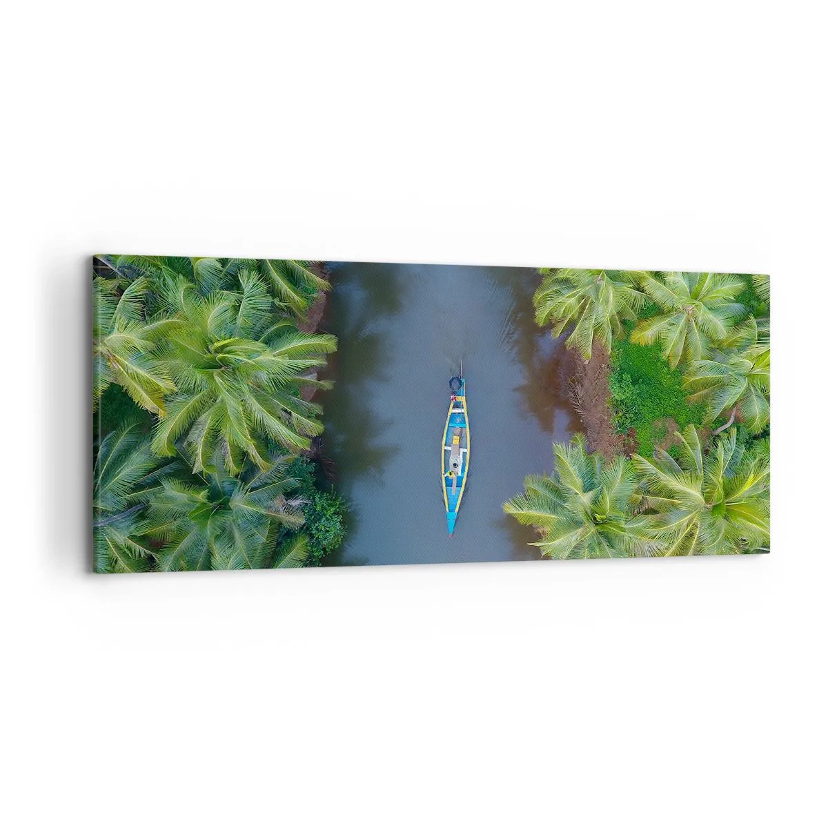 Impression sur toile - Image sur toile - Vue aérienne d'un bateau sur une rivière entourée de palmiers - 120x50cm - Sur un sentier tropical - Décoration murale moderne pour le salon et la chambre ARTTOR