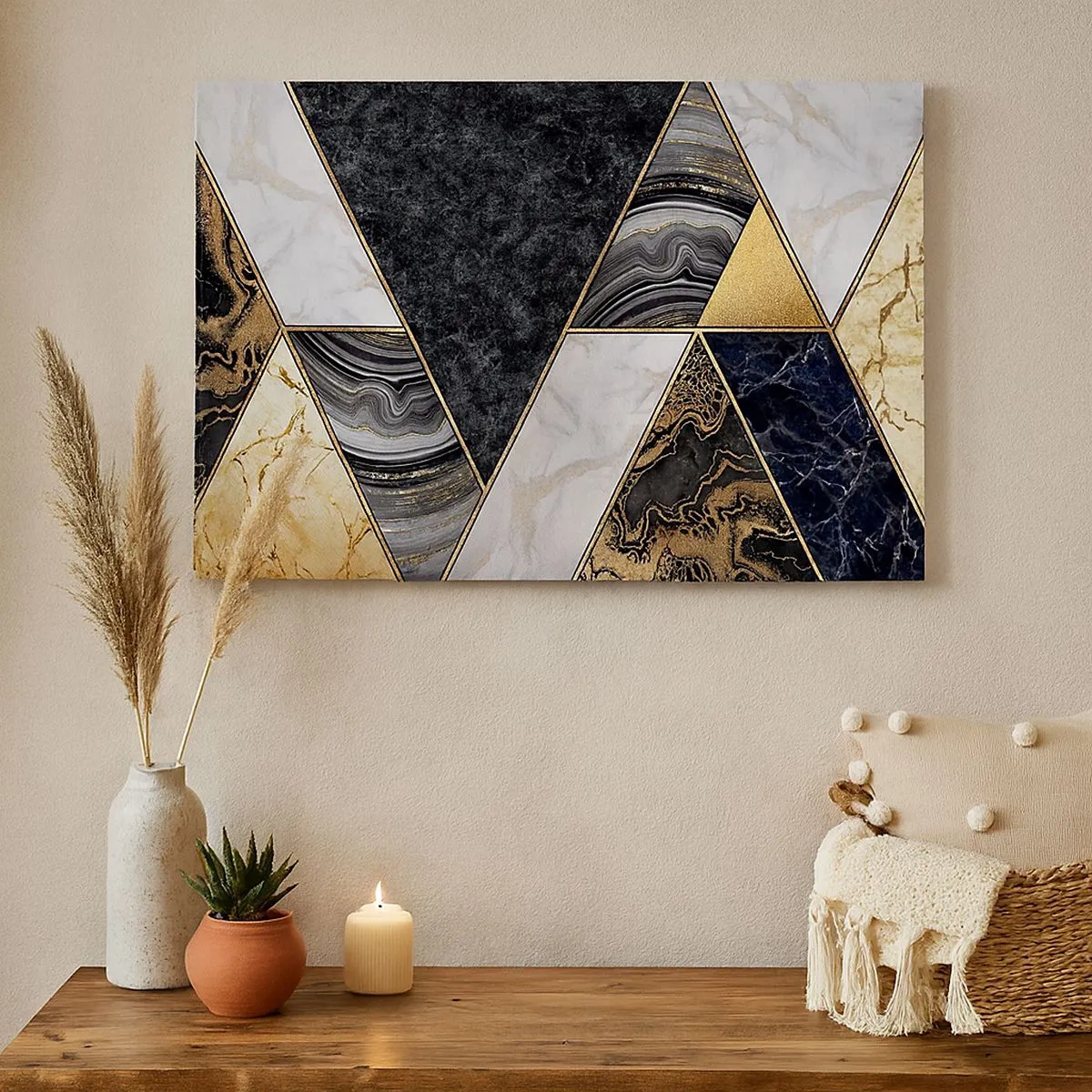 Impression sur toile - Image sur toile - Triangles géométriques en or, marbre et nuances sombres - 70x50cm - Pierre après pierre - Décoration murale moderne pour le salon et la chambre ARTTOR