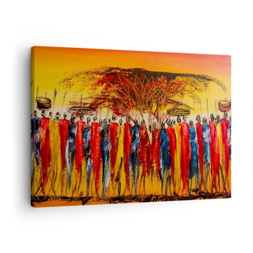 Impression sur toile - Image sur toile - Une scène colorée avec des personnages africains sur fond de soleil couchant. - 70x50cm - Là-bas, là-bas, ils vont là-bas - Décoration murale moderne pour le salon et la chambre ARTTOR