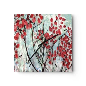 Horloge murale - Pendule murale - Feuilles rouges sur un ciel lumineux avec des motifs abstraits - 30x30cm - Arbre en écarlate - Décoration murale moderne pour le salon et la chambre ARTTOR