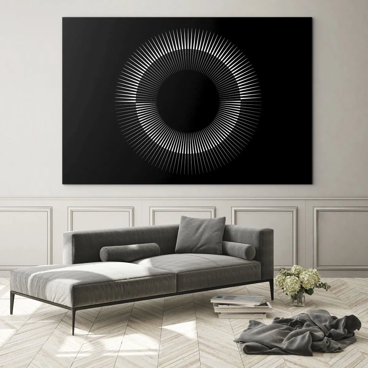 Impression sur verre - Image sur verre - Rayons blancs formant un cercle sur fond noir - 120x80cm - Soleil noir - Décoration murale moderne pour le salon et la chambre ARTTOR