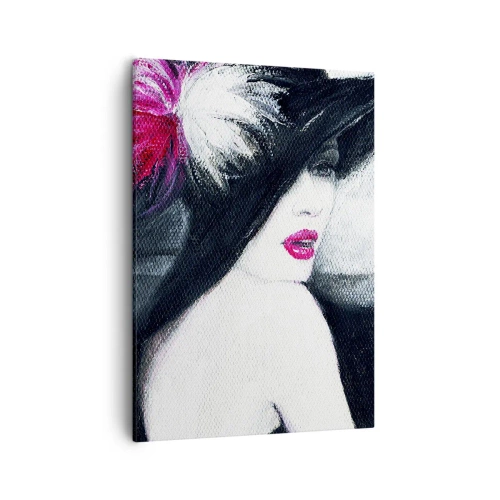 Impression sur toile - Image sur toile - Femme élégante avec un chapeau à plumes - 50x70cm - Toujours un secret - Décoration murale moderne pour le salon et la chambre ARTTOR