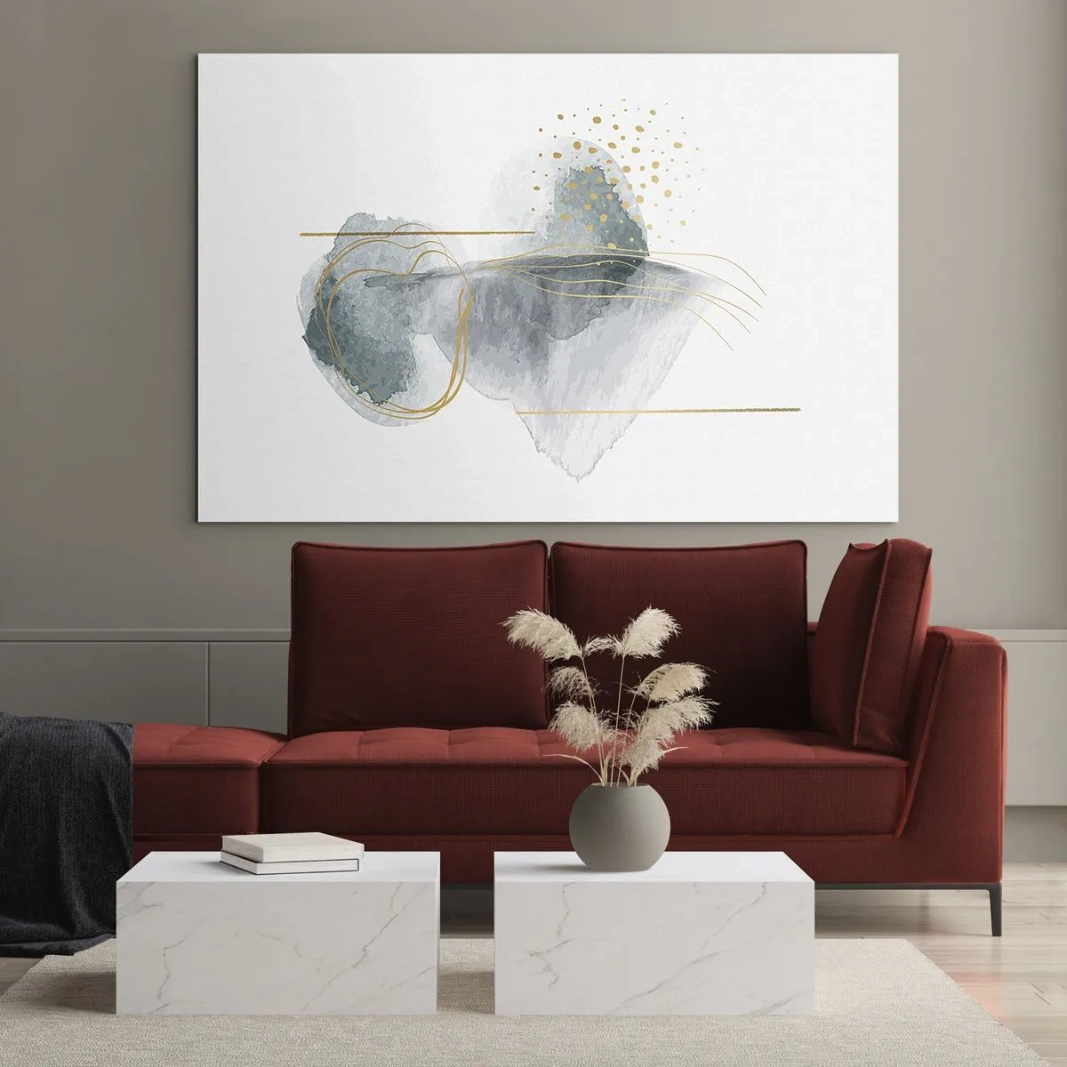 Impression sur verre - Image sur verre - Une composition abstraite de gris avec des accents dorés - 70x50cm - À propos de la relation entre le gris et l'or - Décoration murale moderne pour le salon et la chambre ARTTOR