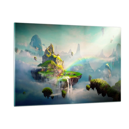 Impression sur verre - Image sur verre - Îles volantes dans les nuages avec arcs-en-ciel et cascades - 120x80cm - Au milieu des cieux - îles du bonheur - Décoration murale moderne pour le salon et la chambre ARTTOR