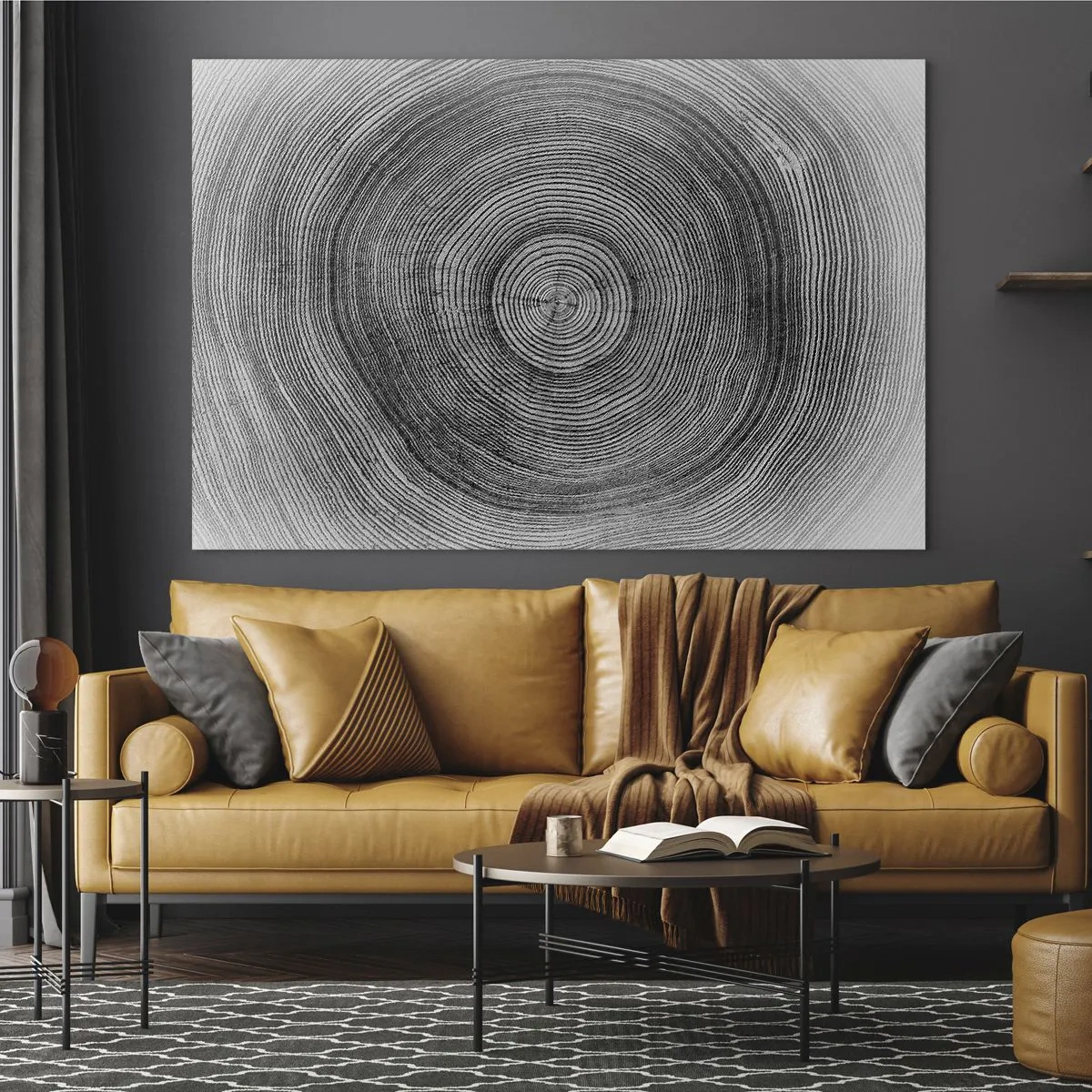 Impression sur verre - Image sur verre - Lignes concentriques d'anneaux d'arbres présentées dans une esthétique en noir et blanc - 100x70cm - Signe du temps - Décoration murale moderne pour le salon et la chambre ARTTOR