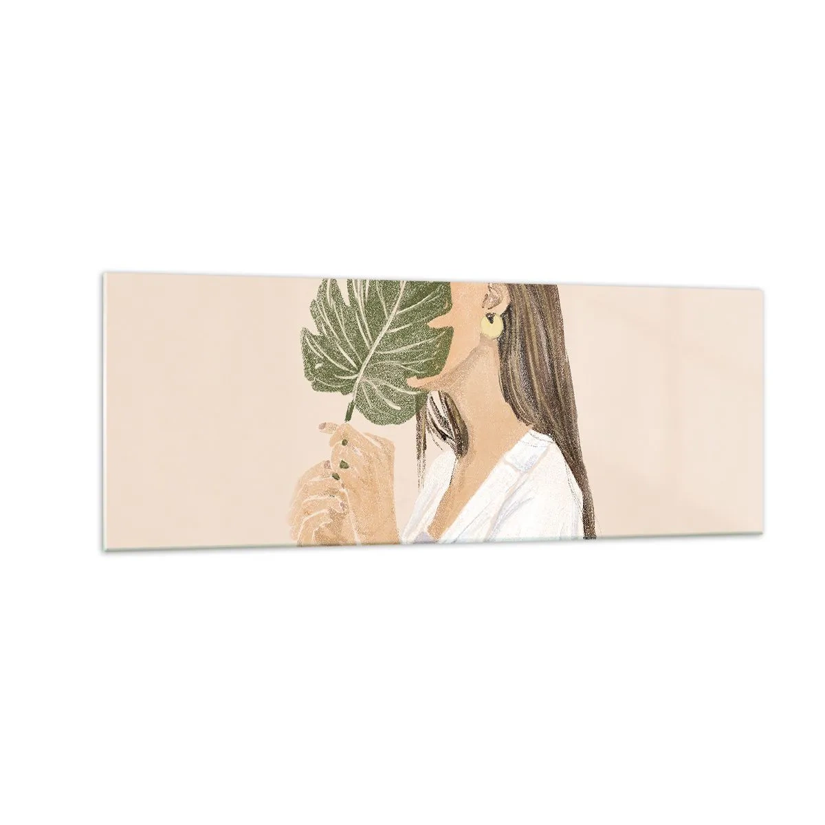 Impression sur verre - Image sur verre - Portrait d'une femme avec une feuille de monstera sur fond beige - 140x50cm - Portrait mystérieux avec un éventail - Décoration murale moderne pour le salon et la chambre ARTTOR