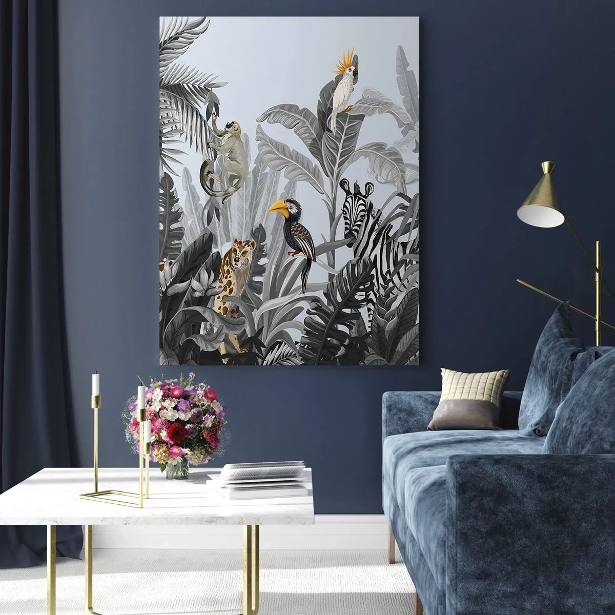 Impression sur verre - Image sur verre - Jungle tropicale avec des animaux exotiques sur fond gris - 70x100cm - Conte de fées africain - Décoration murale moderne pour le salon et la chambre ARTTOR