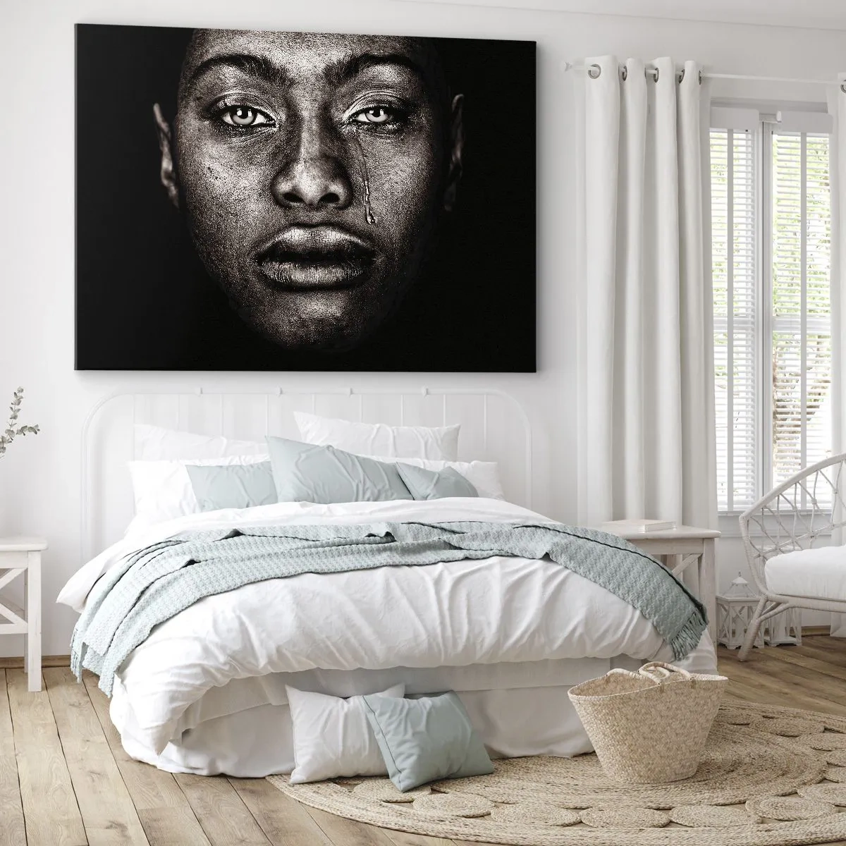 Impression sur toile - Image sur toile - Portrait d'un visage avec une seule larme sur fond noir - 120x80cm - Une larme - Décoration murale moderne pour le salon et la chambre ARTTOR