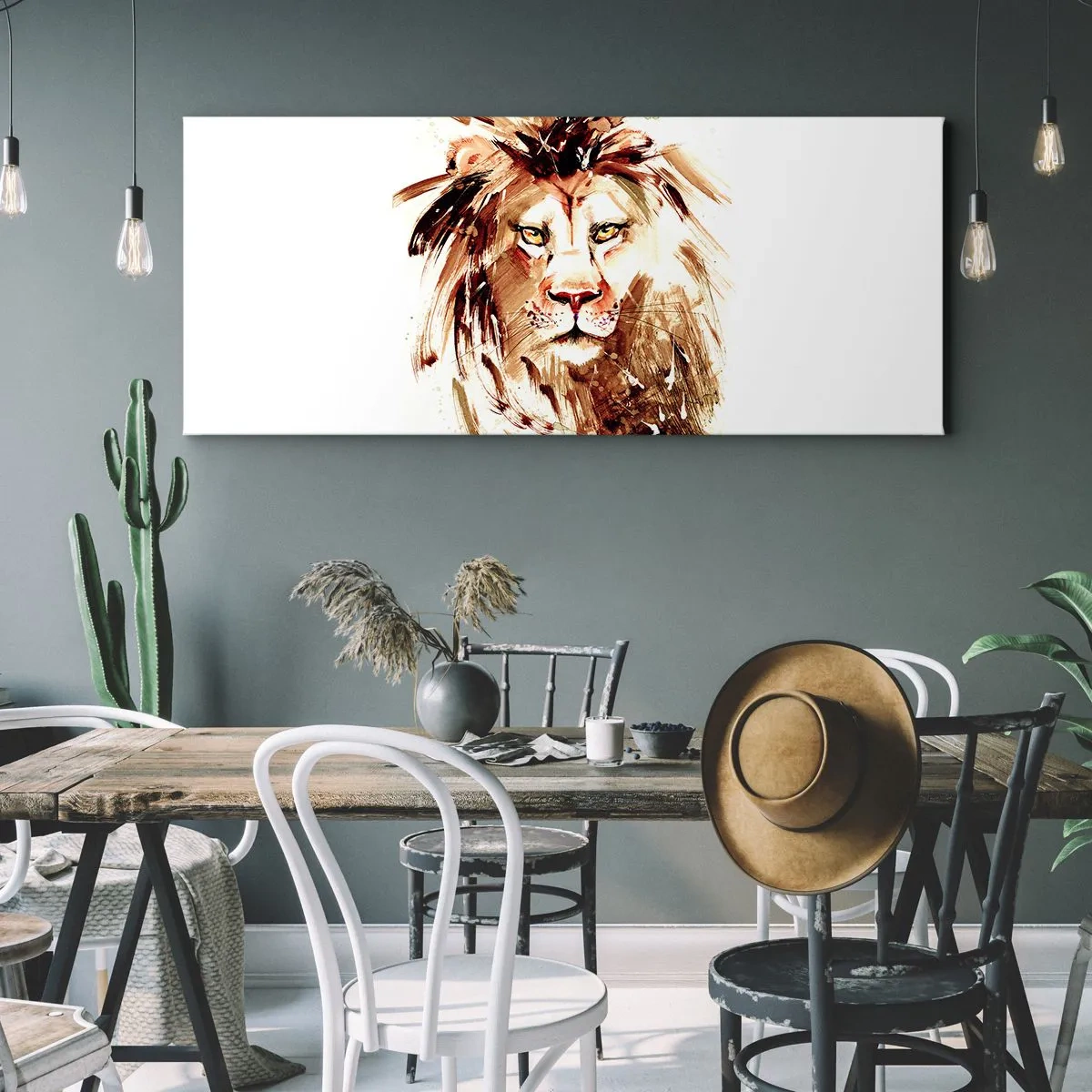 Impression sur toile - Image sur toile - Portrait à l'aquarelle d'un lion aux détails intenses - 140x50cm - Force et dignité - Décoration murale moderne pour le salon et la chambre ARTTOR