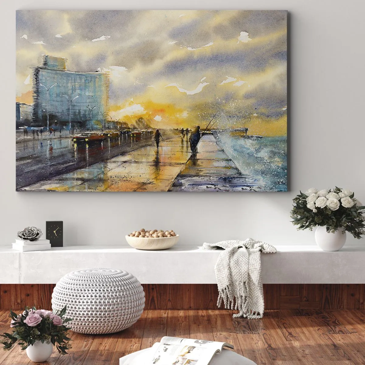 Impression sur toile - Image sur toile - Une vue pittoresque de la promenade en bord de mer au coucher du soleil - 120x80cm - La vie sur le rivage - Décoration murale moderne pour le salon et la chambre ARTTOR