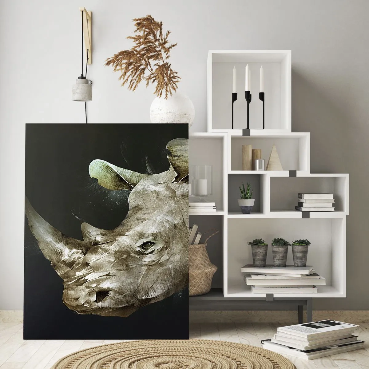 Impression sur verre - Image sur verre - Portrait d'un rhinocéros sous une forme artistique - 80x120cm - La force vraiment masculine - Décoration murale moderne pour le salon et la chambre ARTTOR