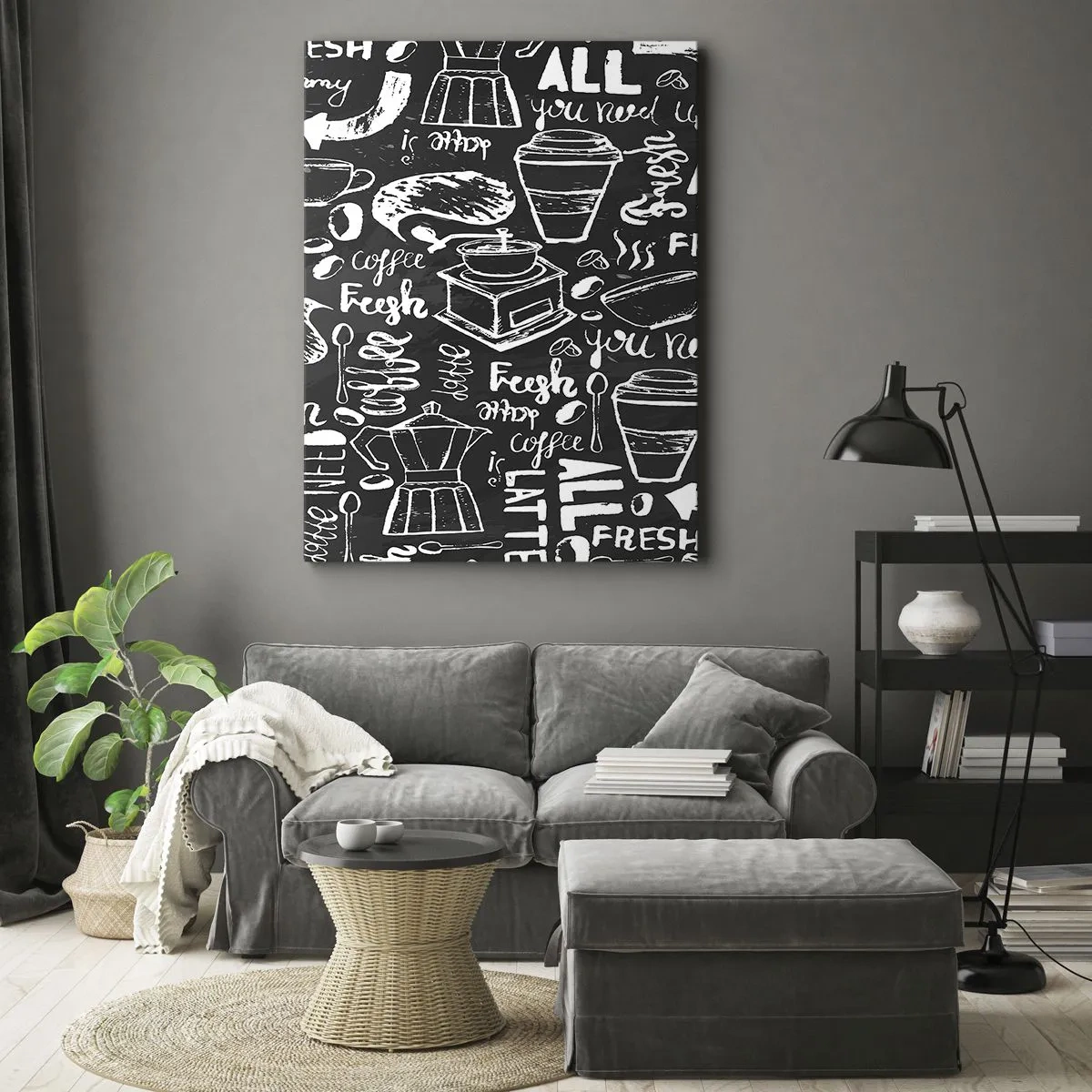 Impression sur toile - Image sur toile - Graphiques de café élégants sur fond noir - 70x100cm - Tout ce dont tu as besoin c'est… - Décoration murale moderne pour le salon et la chambre ARTTOR