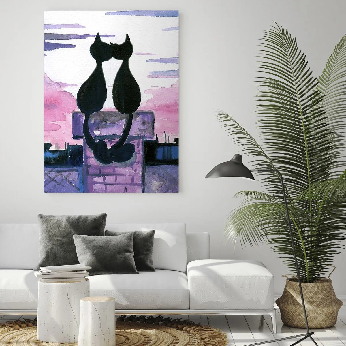 Impression sur verre - Image sur verre - Chats noirs sur un toit au clair de lune dans un décor aquarelle - 80x120cm - Rendez-vous sous la lune - Décoration murale moderne pour le salon et la chambre ARTTOR