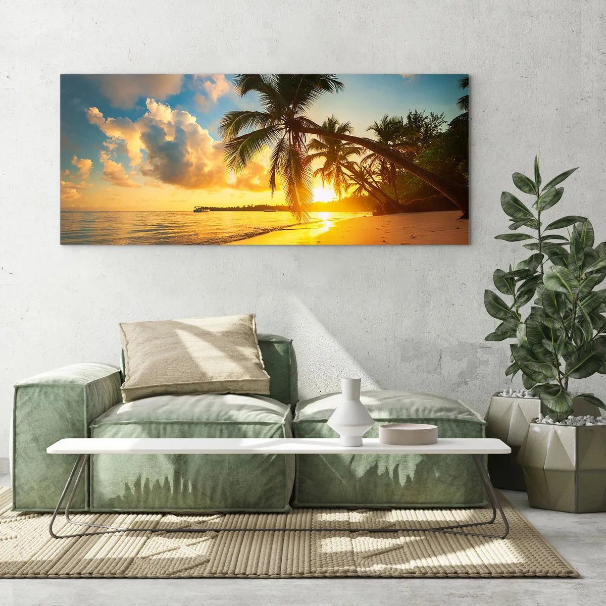Impression sur verre - Image sur verre - Plage au coucher du soleil avec des palmiers au bord de la mer - 160x50cm - Rêve caribéen - Décoration murale moderne pour le salon et la chambre ARTTOR
