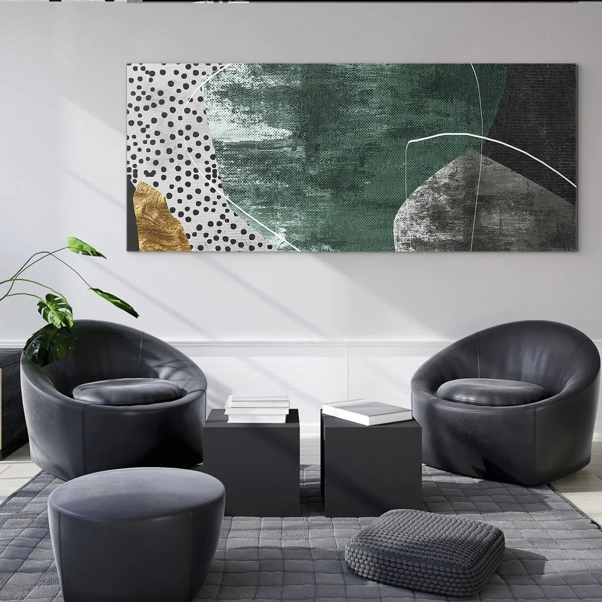 Impression sur verre - Image sur verre - Composition abstraite avec des formes vertes et des motifs à pois - 120x50cm - Abstraction colorée avec feuille d'or - Décoration murale moderne pour le salon et la chambre ARTTOR