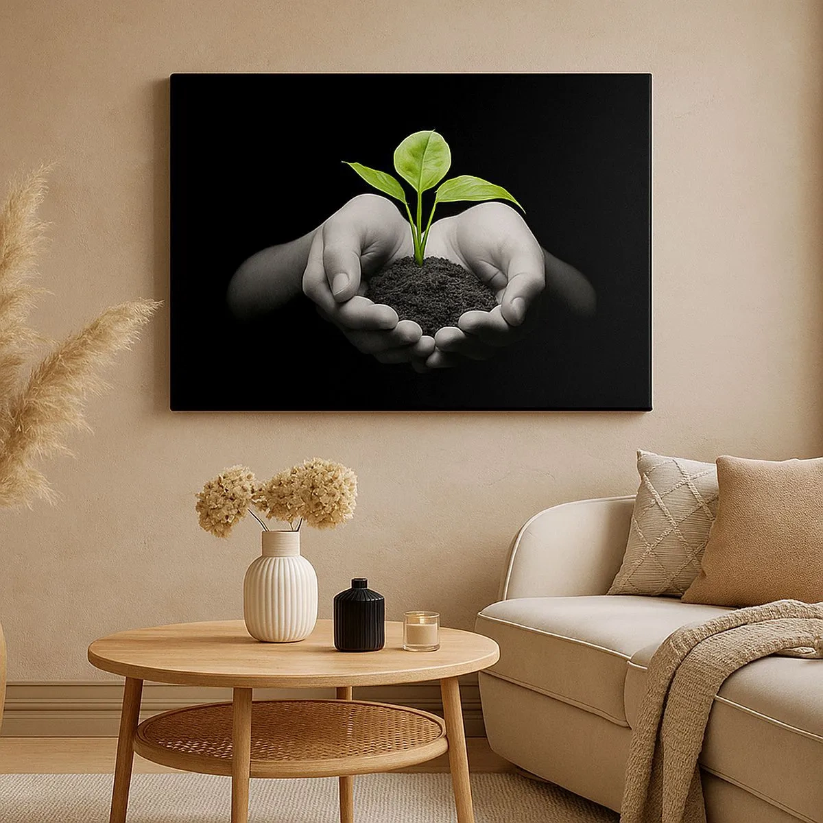 Impression sur toile - Image sur toile - Mains tenant une plante verte sur fond noir - 70x50cm - J'aime la nature, je la protège - Décoration murale moderne pour le salon et la chambre ARTTOR