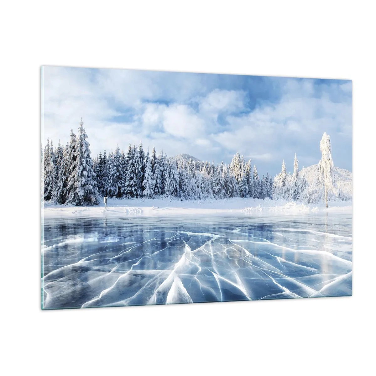 Impression sur verre - Image sur verre - Un lac gelé entouré d'une forêt hivernale - 120x80cm - Vue éblouissante et cristalline - Décoration murale moderne pour le salon et la chambre ARTTOR