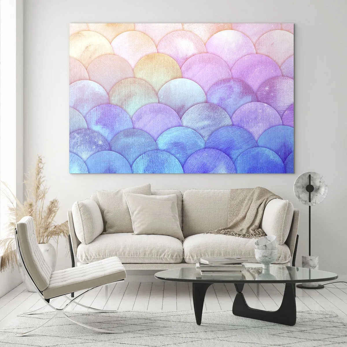 Impression sur verre - Image sur verre - Écailles de perles dans des tons pastel de rose, bleu et violet - 100x70cm - Écailles de perles - Décoration murale moderne pour le salon et la chambre ARTTOR