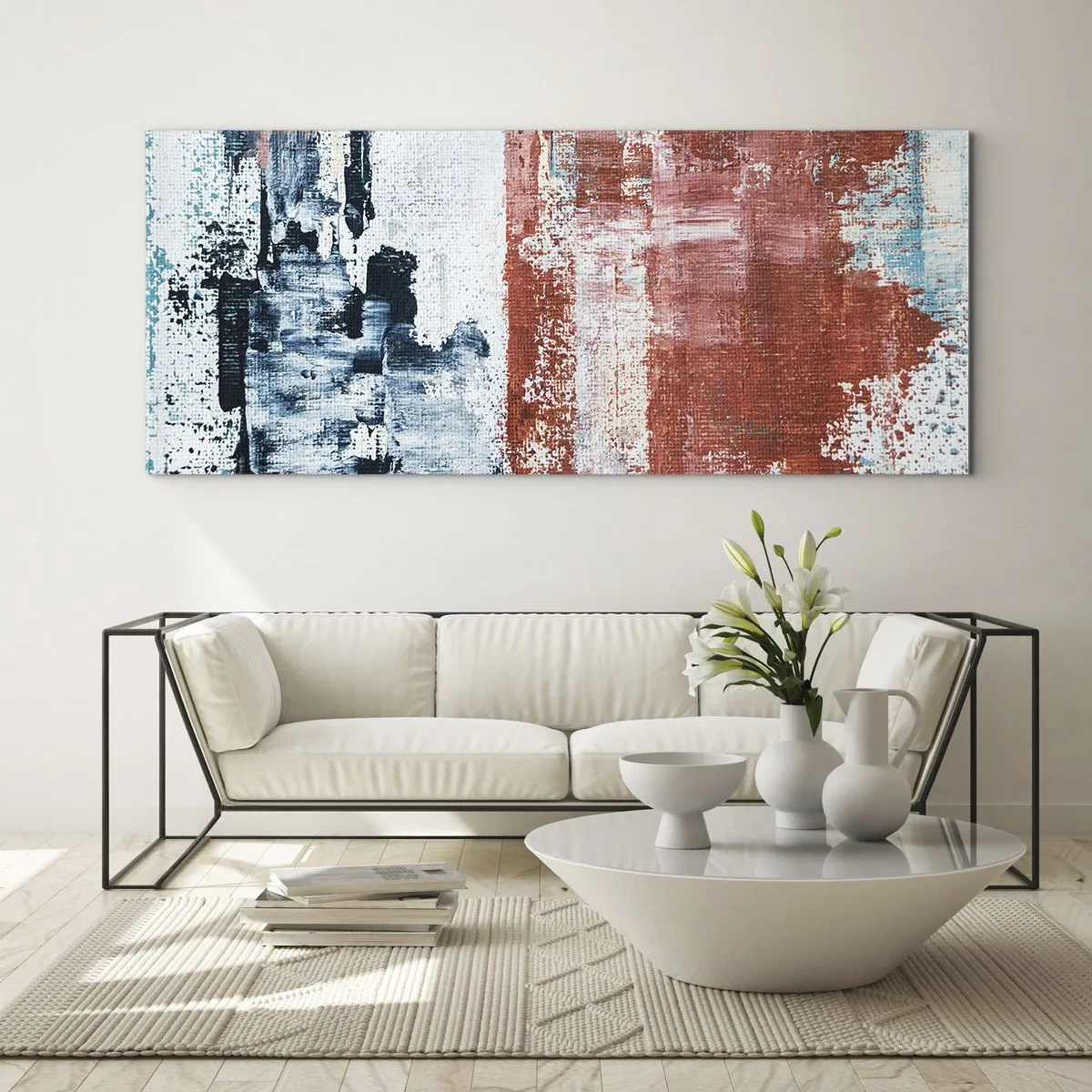 Impression sur verre - Image sur verre - Abstraction aux couleurs blanc, bleu et brique - 120x50cm - Moitié-moitié abstrait - Décoration murale moderne pour le salon et la chambre ARTTOR