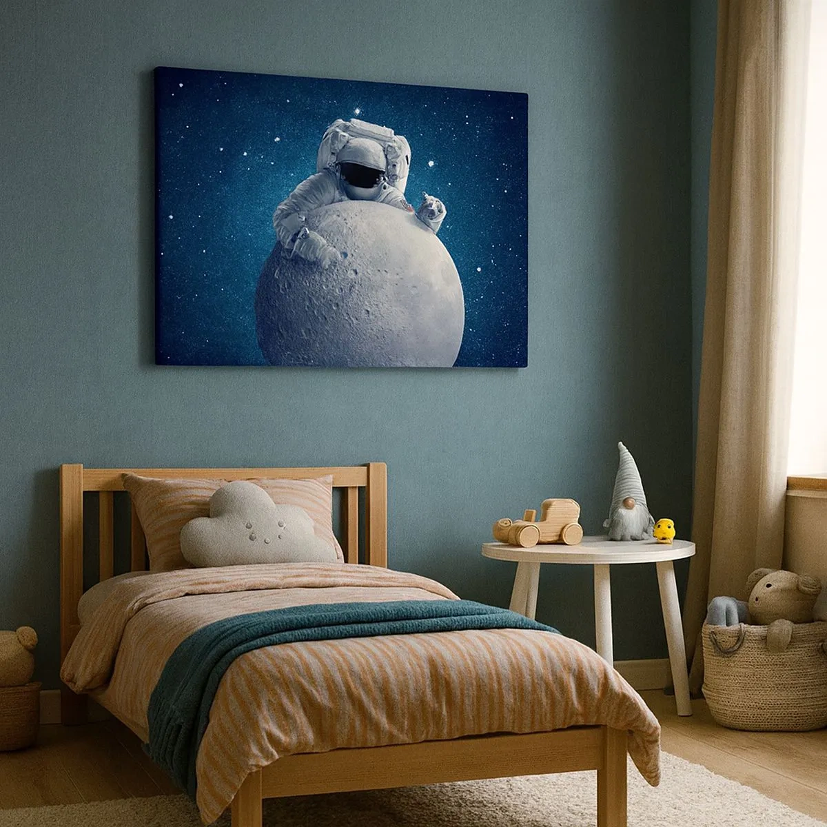 Impression sur toile - Image sur toile - Astronaute tenant la lune dans un ciel étoilé - 70x50cm - Comique de l'espace - Décoration murale moderne pour le salon et la chambre ARTTOR